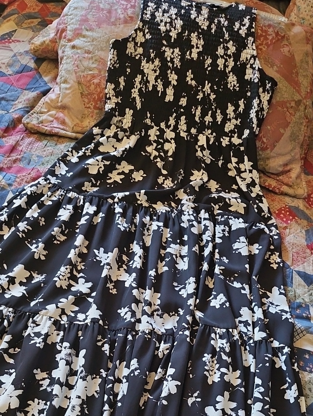 Anne Klein Black and White Floral Smocked Tiered Dress